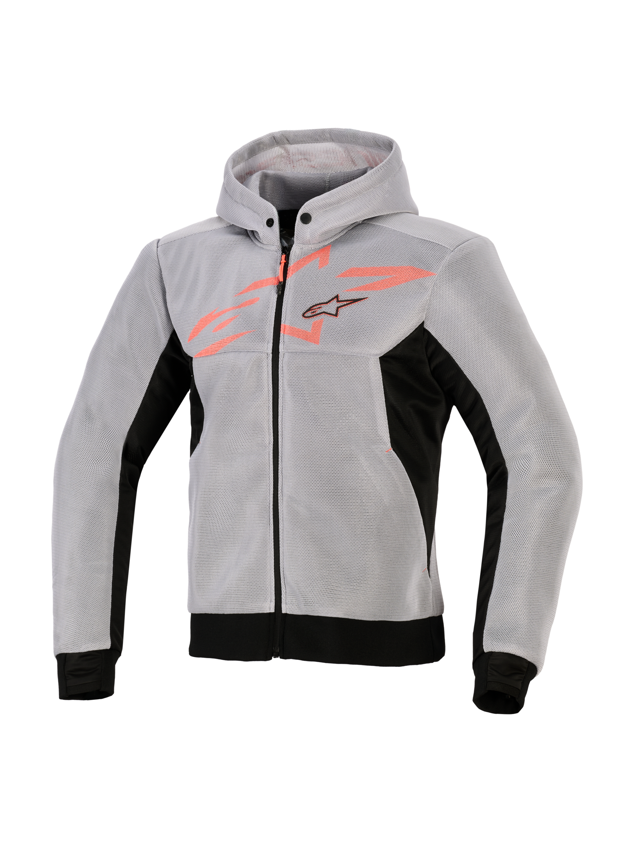 Alpinestars Chrome Superairflow Hoodie, felpa tecnica da moto, nero, grigio medio e rosso fluo, costruzione in mesh tecnico 3D, grigio chiaro con pannelli laterali e bordo neri, grafica sul petto rosso fluo con logo Alpinestars a stella, abbigliamento sportivo da moto
