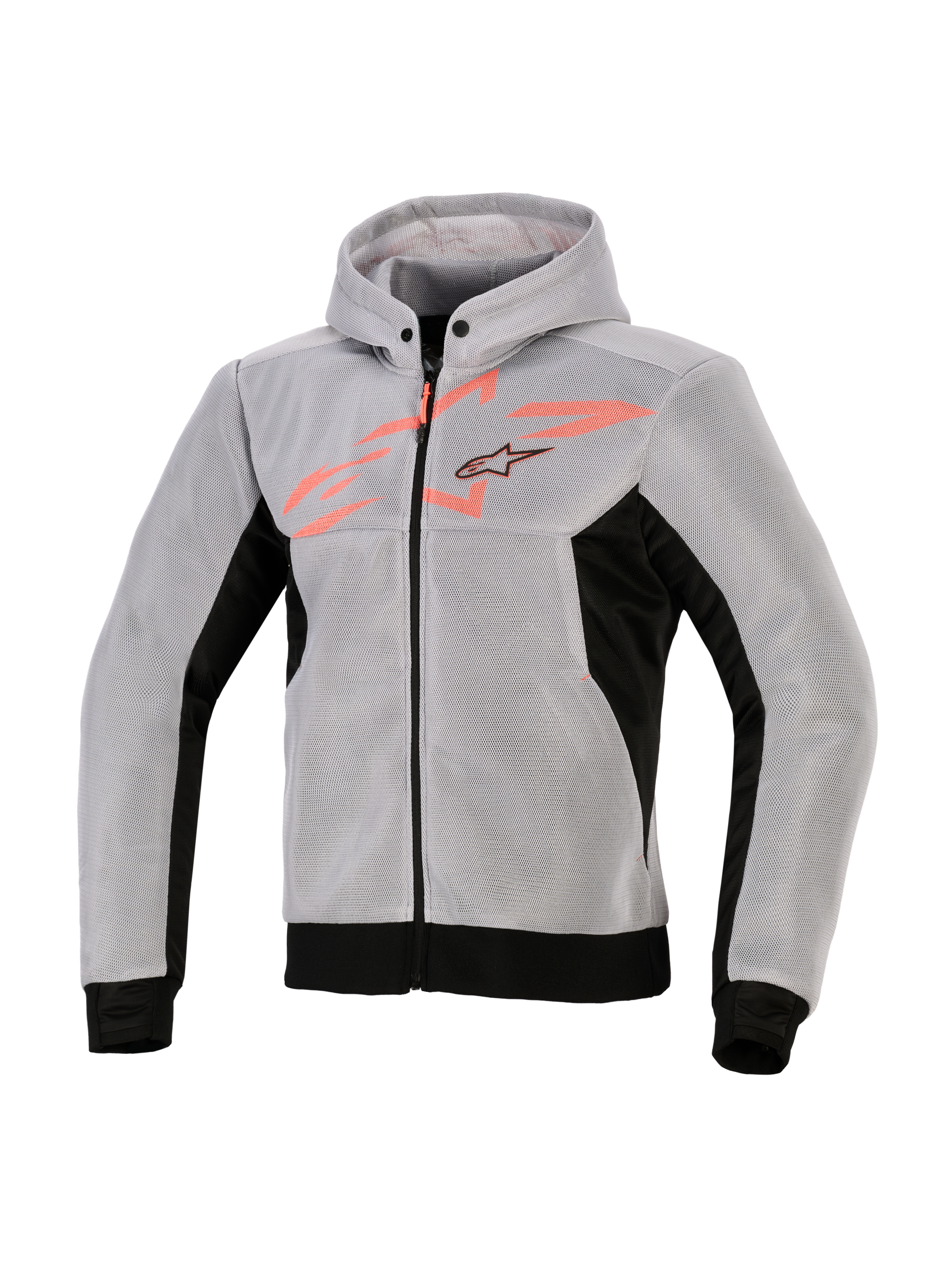 Alpinestars Chrome Superairflow Hoodie, felpa tecnica da moto, nero, grigio medio e rosso fluo, costruzione in mesh tecnico 3D, grigio chiaro con pannelli laterali e bordo neri, grafica sul petto rosso fluo con logo Alpinestars a stella, abbigliamento sportivo da moto