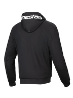 Alpinestars Felpa con cappuccio Chrome V2 Sport, giacca da moto urban nera, vista posteriore con logo bianco sul cappuccio, pile tecnico, certificata CE