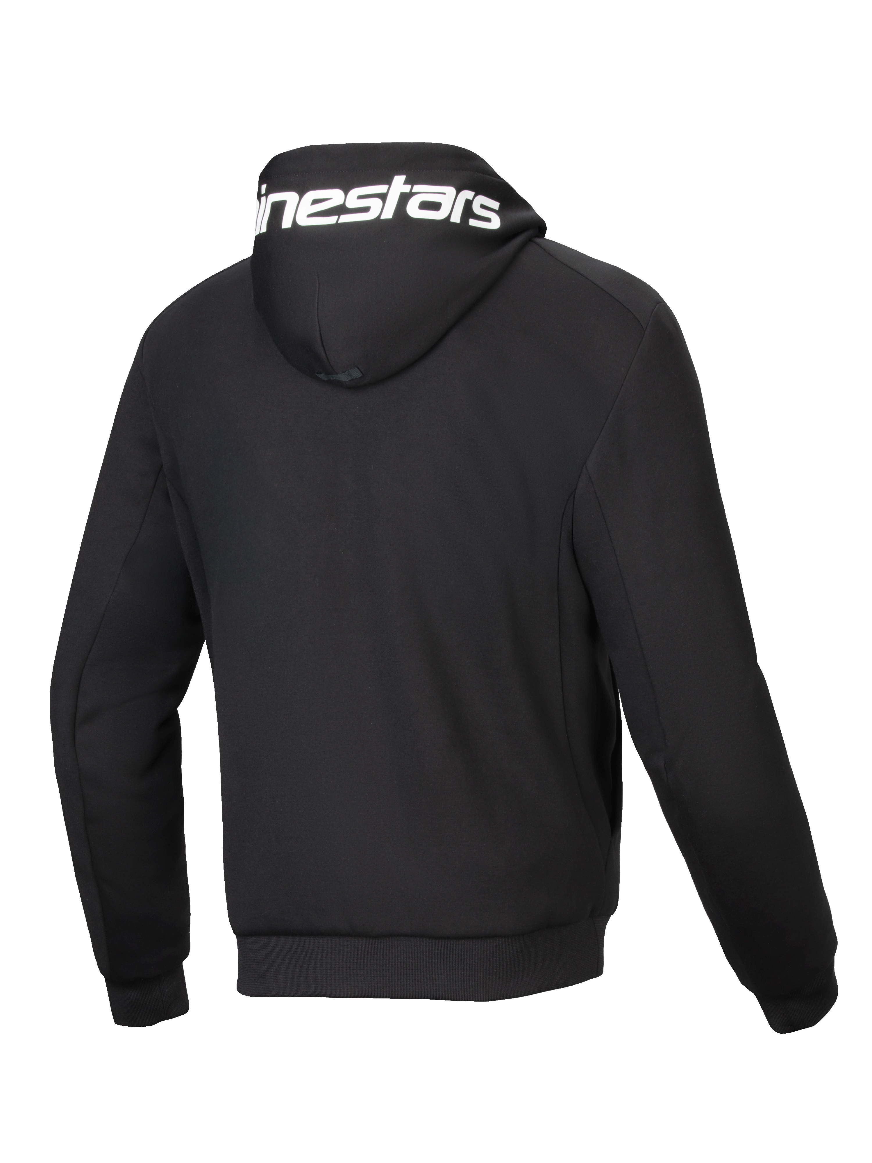Alpinestars Felpa con cappuccio Chrome V2 Sport, giacca da moto urban nera, vista posteriore con logo bianco sul cappuccio, pile tecnico, certificata CE