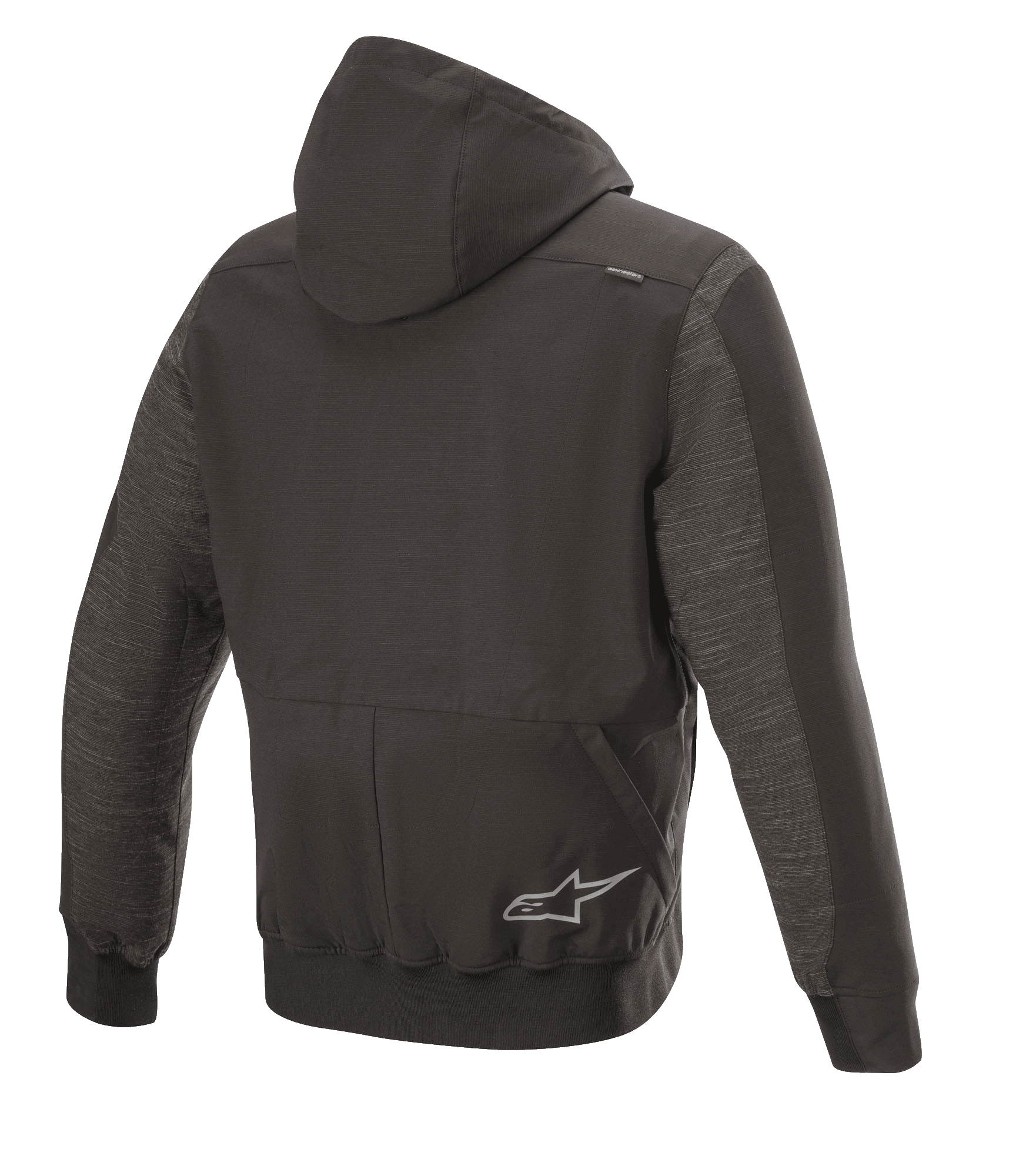 Felpa con cappuccio Alpinestars Rhod Windstopper, giacca da moto urbana, Nero Melange, vista posteriore con cappuccio staccabile, polsini e orlo a costine e un discreto logo a stella sul retro.