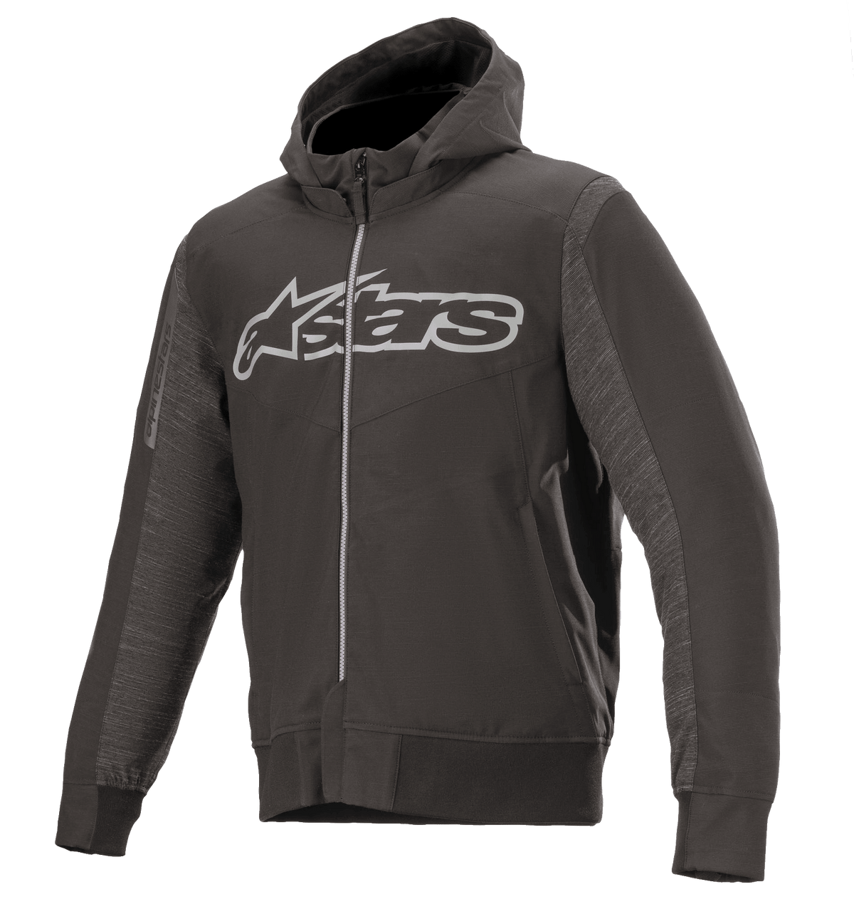 Alpinestars Rhod Windstopper Hoodie, nero melange e grigio scuro, grande logo Astars grigio chiaro sul petto, giacca da moto con cappuccio e zip integrale, pannelli laterali testurizzati, polsini e vita a costine, abbigliamento protettivo da guida urbana
