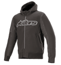 Alpinestars Rhod Windstopper Hoodie, nero melange e grigio scuro, grande logo Astars grigio chiaro sul petto, giacca da moto con cappuccio e zip integrale, pannelli laterali testurizzati, polsini e vita a costine, abbigliamento protettivo da guida urbana