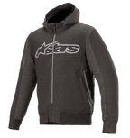 Alpinestars Rhod Windstopper Hoodie, nero melange e grigio scuro, grande logo Astars grigio chiaro sul petto, giacca da moto con cappuccio e zip integrale, pannelli laterali testurizzati, polsini e vita a costine, abbigliamento protettivo da guida urbana