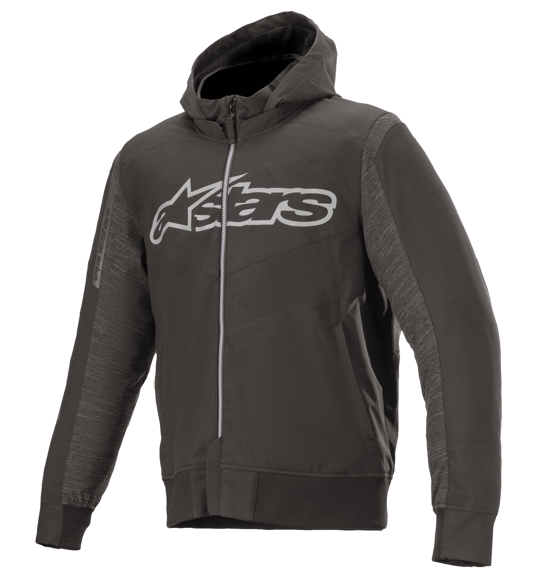 Alpinestars Rhod Windstopper Hoodie, nero melange e grigio scuro, grande logo Astars grigio chiaro sul petto, giacca da moto con cappuccio e zip integrale, pannelli laterali testurizzati, polsini e vita a costine, abbigliamento protettivo da guida urbana