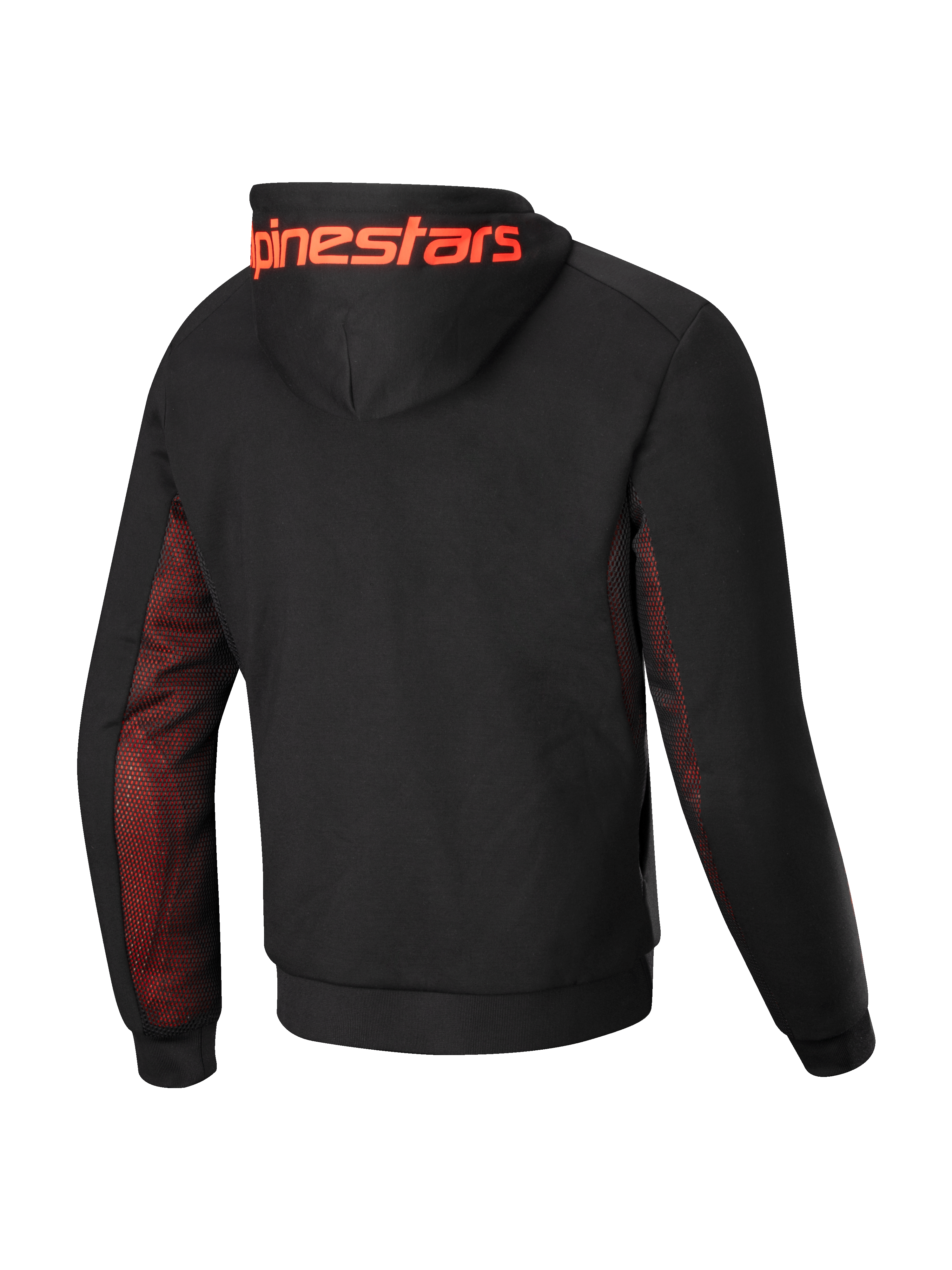 Alpinestars Chrome Air Sport Hoodie, men's motorcycle riding hoodie, rear view showing black tech fleece construction, red fluo mesh side panels and under sleeves, and large Alpinestars branding across the hood, CE certified class A