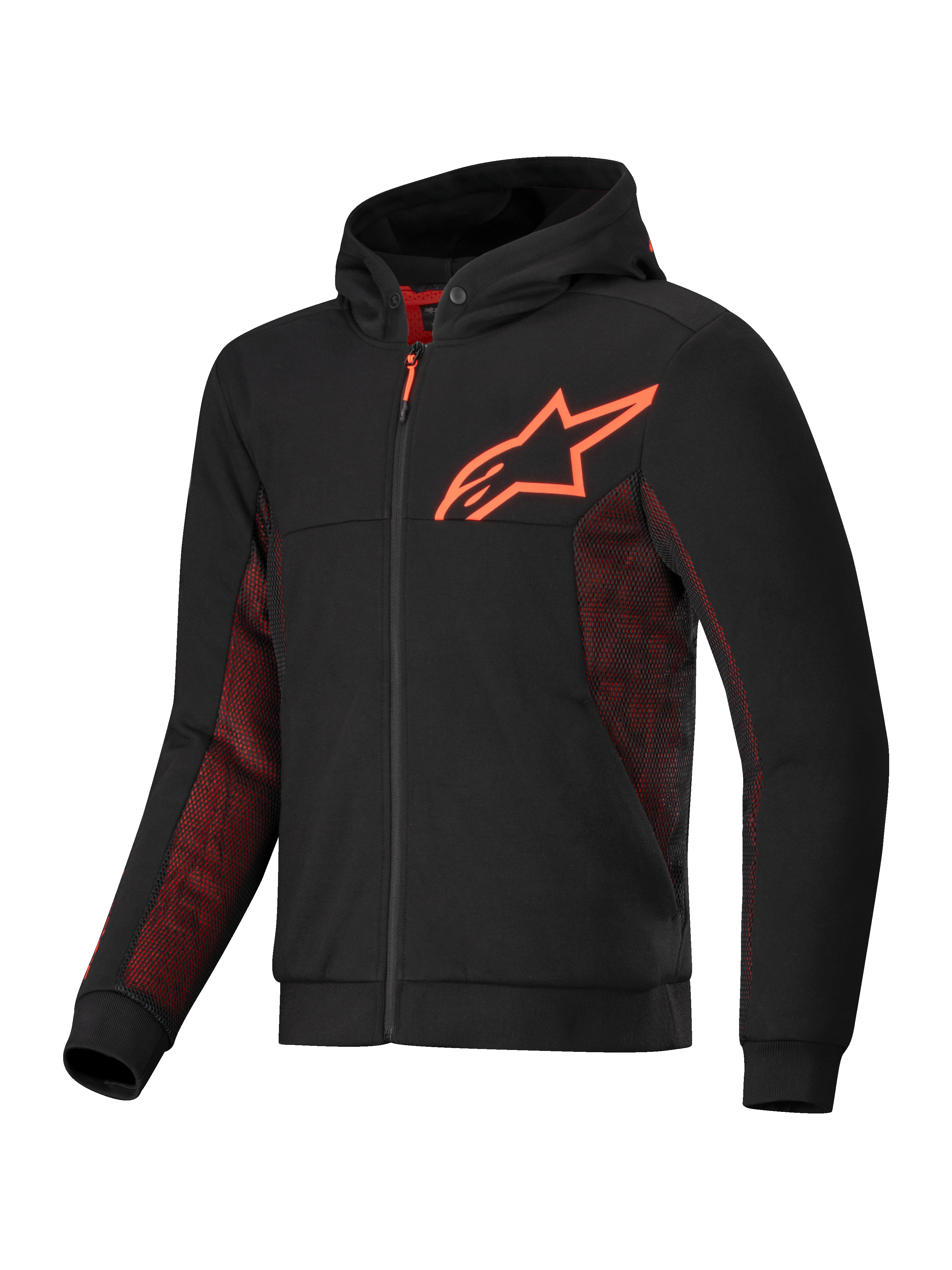 Alpinestars Chrome Air Sport Hoodie, CE Certified Motorcycle Jacket for Urban Riding, Black and Red Fluo, featuring tech fleece construction, airflow mesh panels, and aramidic reinforcements