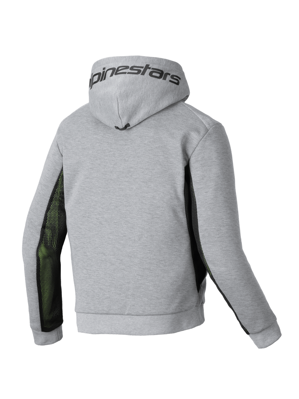 Alpinestars Felpa Chrome Air Sport, felpa con cappuccio da moto da uomo, vista posteriore in grigio melange e nero con pannelli laterali in mesh traspirante e logo Alpinestars sul cappuccio