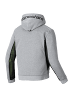 Alpinestars Felpa Chrome Air Sport, felpa con cappuccio da moto da uomo, vista posteriore in grigio melange e nero con pannelli laterali in mesh traspirante e logo Alpinestars sul cappuccio