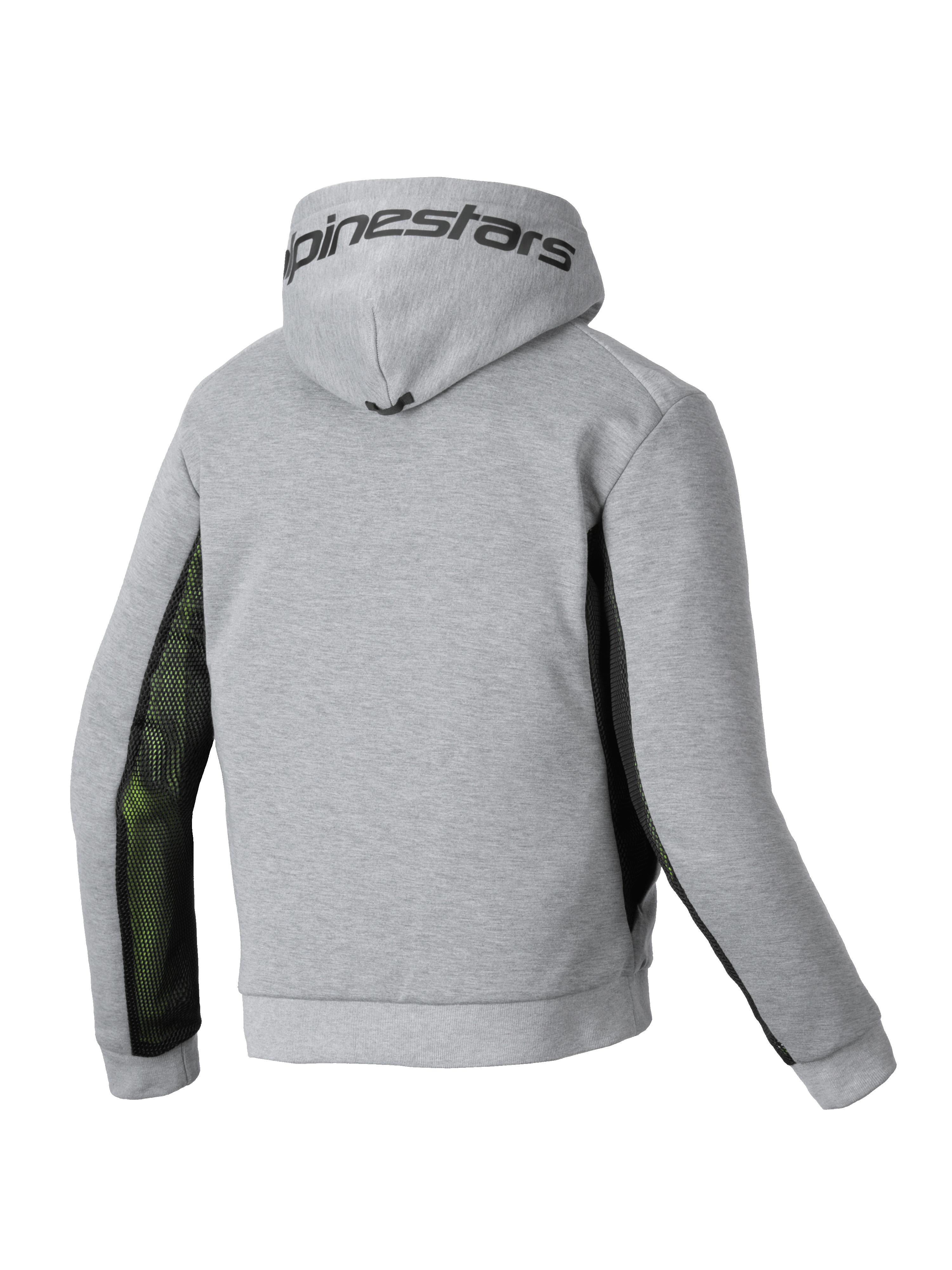 Alpinestars Felpa Chrome Air Sport, felpa con cappuccio da moto da uomo, vista posteriore in grigio melange e nero con pannelli laterali in mesh traspirante e logo Alpinestars sul cappuccio
