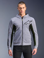 Alpinestars Chrome Air Sport Hoodie, grigio melange e nero, felpa da moto urbana con zip integrale, logo a stella nero, evidenti pannelli laterali in rete nera e gialla, abbigliamento streetwear casual ispirato al motorsport
