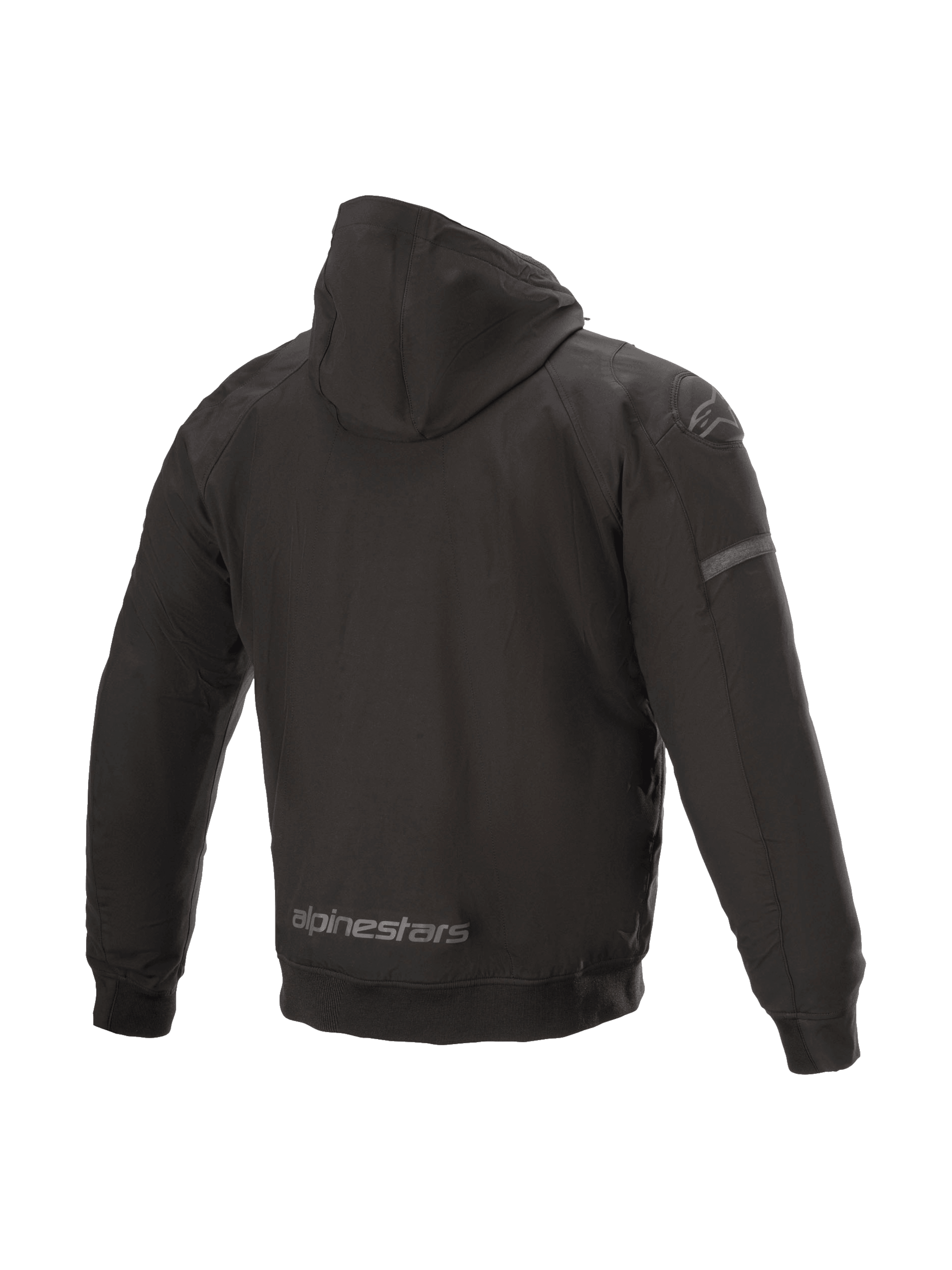 Alpinestars felpa con cappuccio Sektor Tech V2, giacca da moto urban da uomo, nera, guscio antivento con inserti 3D sulle spalle, vista posteriore.