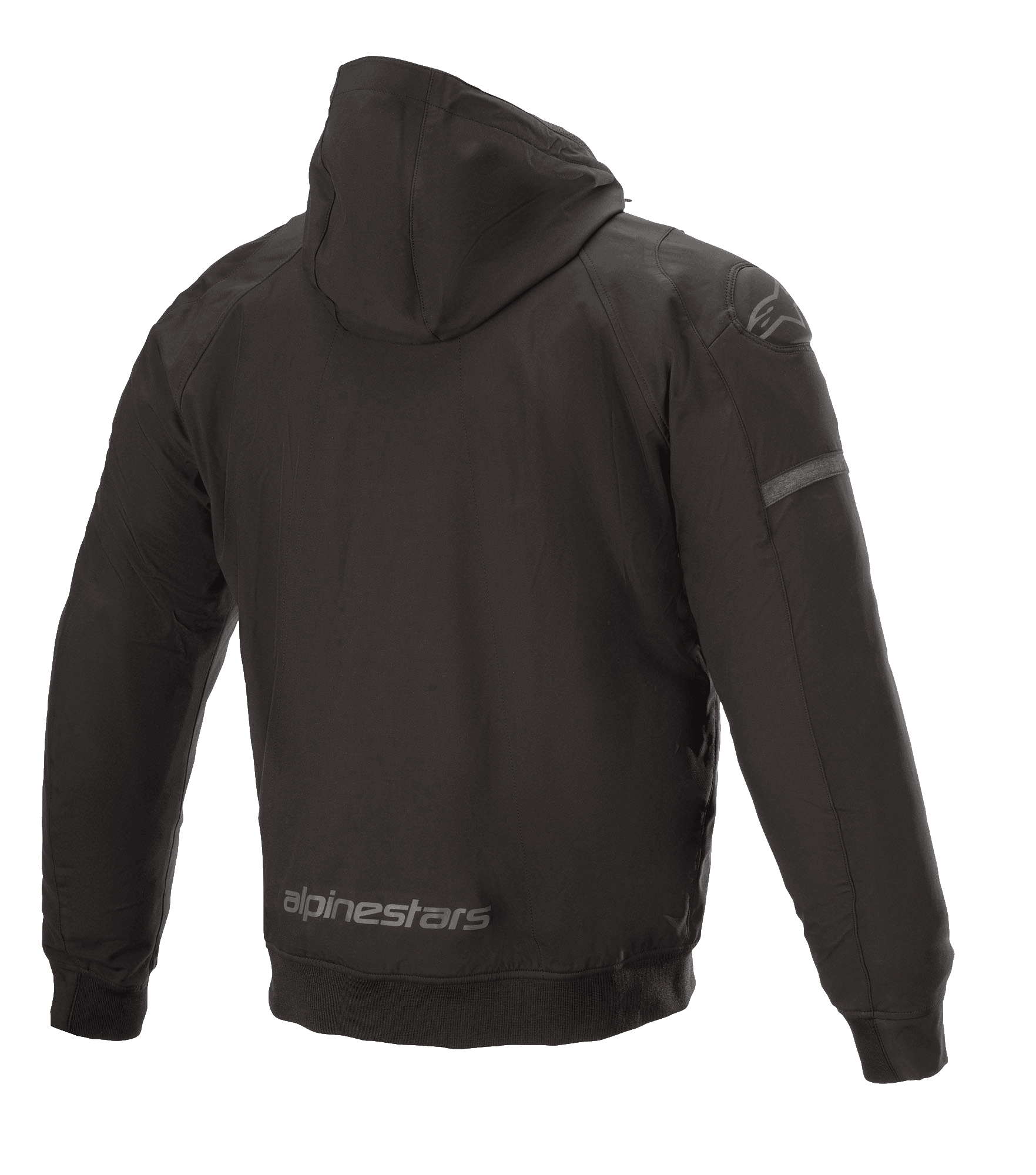 Alpinestars Sektor Tech V2 Hoodie, giacca da moto nera, vista posteriore che mostra il guscio in tessuto antivento, marchio Alpinestars riflettente sull'orlo inferiore, inserti tridimensionali sulle spalle e design urbano tecnico.