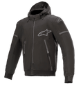 Alpinestars Sektor Tech V2 Hoodie, giacca da moto con cappuccio, nero con dettagli grigi, zip frontale, due tasche con zip, logo Alpinestars grigio sul petto e sulla spalla, design urban contemporary con dettagli riflettenti