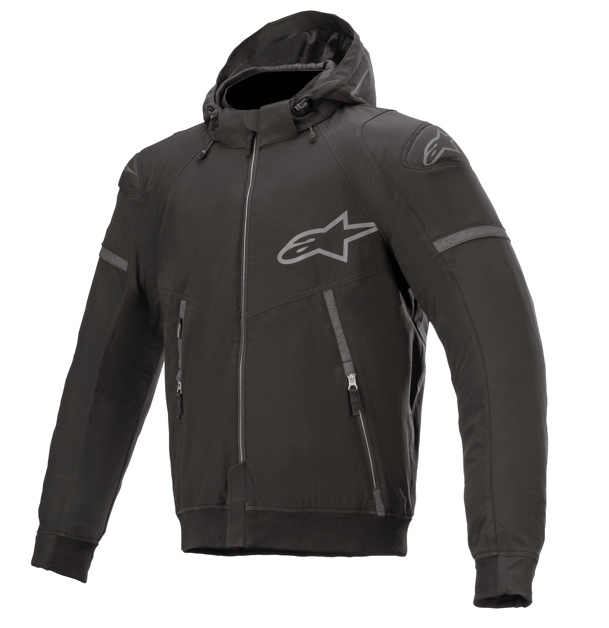 Alpinestars Sektor Tech V2 Hoodie, giacca da moto con cappuccio, nero con dettagli grigi, zip frontale, due tasche con zip, logo Alpinestars grigio sul petto e sulla spalla, design urban contemporary con dettagli riflettenti