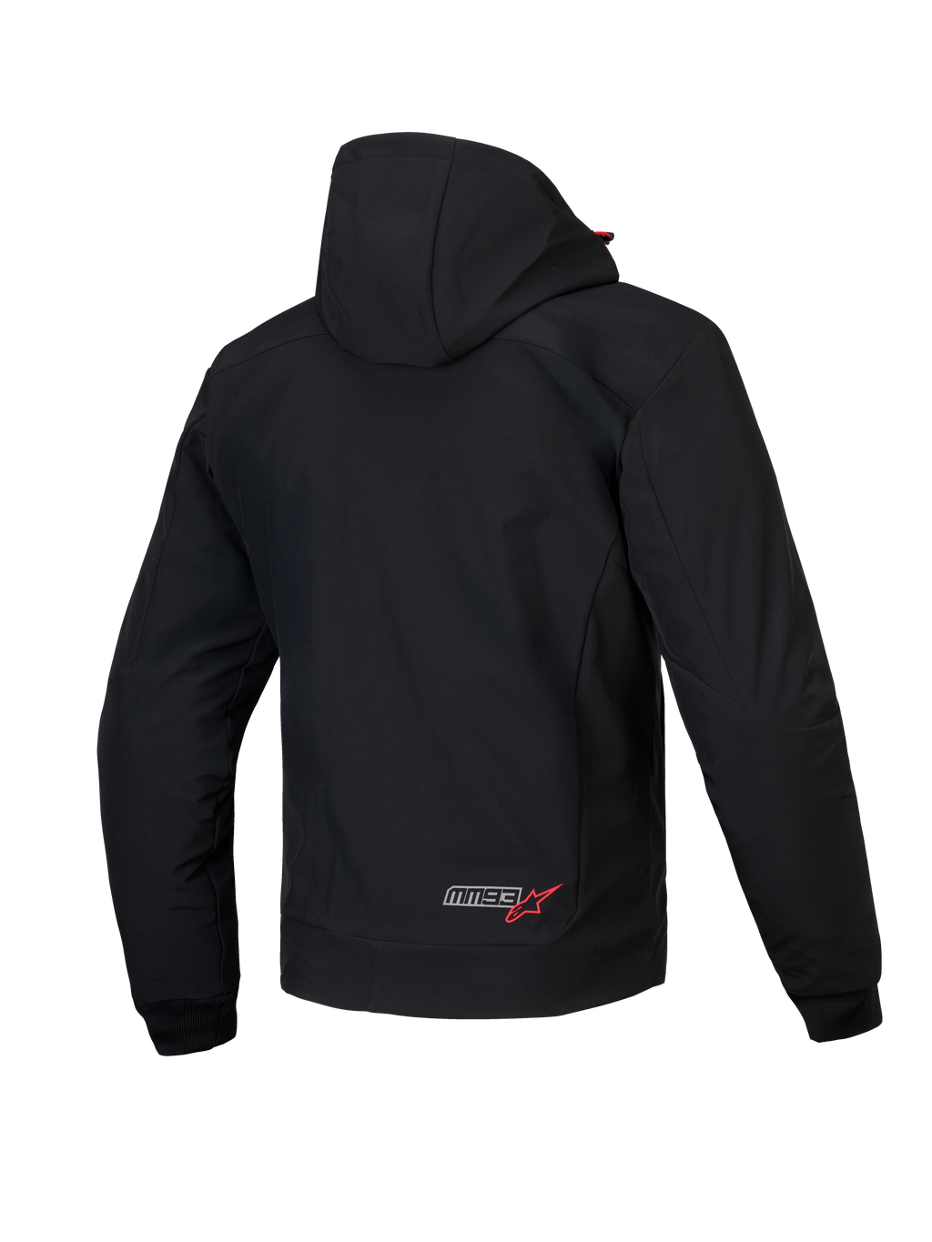 Alpinestars MM93 Radium Tech Hoodie, felpa con cappuccio da moto urbana, vista posteriore, nera con dettagli rossi, guscio tecnico 3L antivento con cappuccio rimovibile