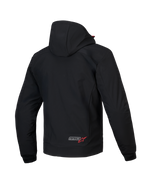 Alpinestars MM93 Radium Tech Hoodie, felpa con cappuccio da moto urbana, vista posteriore, nera con dettagli rossi, guscio tecnico 3L antivento con cappuccio rimovibile