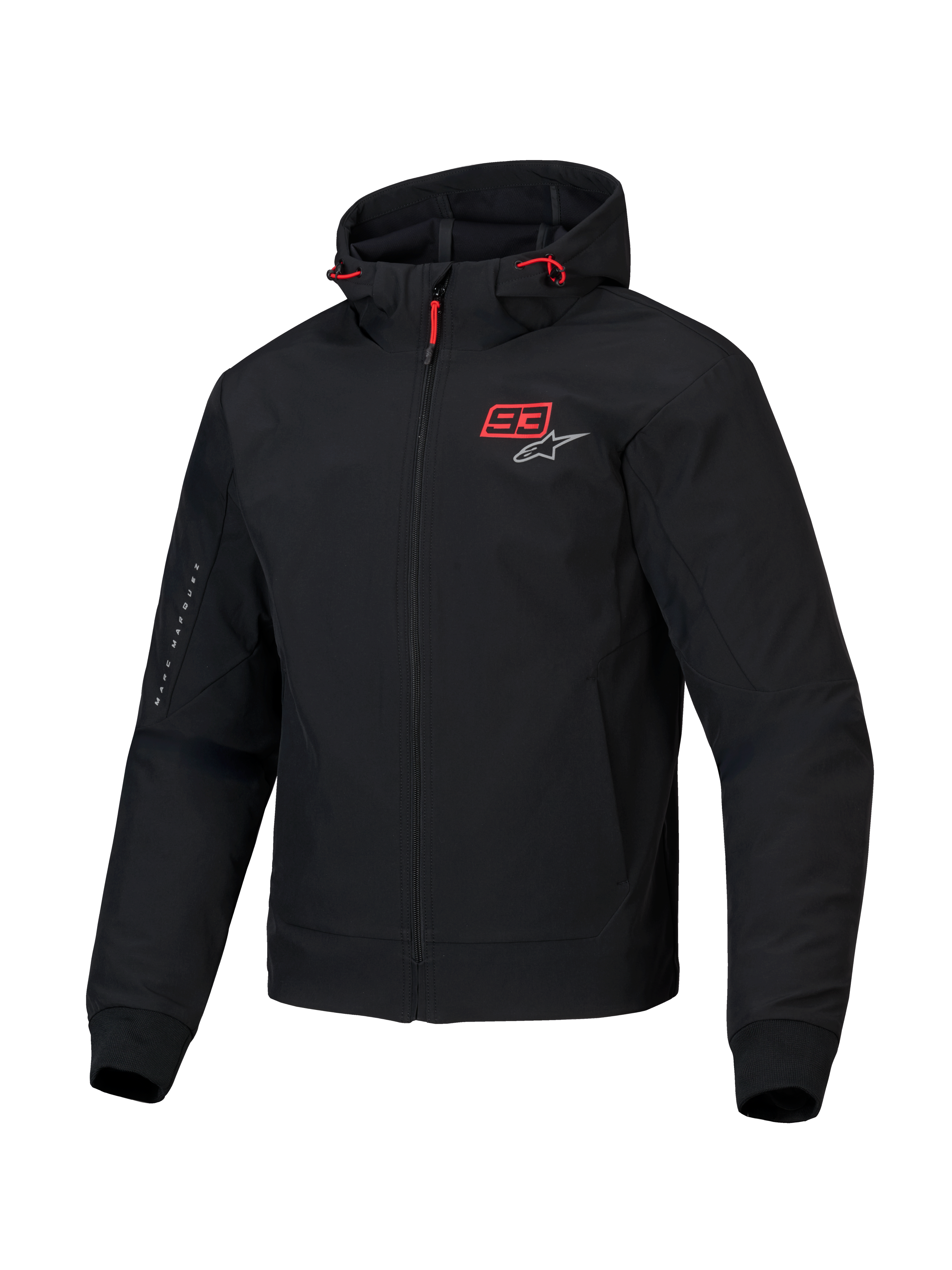 Alpinestars Felpa Con Cappuccio MM93 Radium Tech, giacca da moto urbana da uomo, nera con dettagli rossi, guscio tecnico antivento e protezioni certificate CE