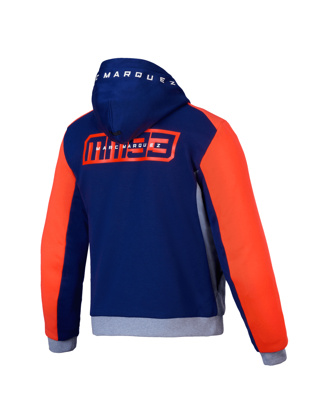 Alpinestars Felpa MM93 Chrome V2 Sport, felpa da moto da uomo, vista posteriore, blu, grigia e rosso fluo, con grafica Marc Marquez e certificazione CE