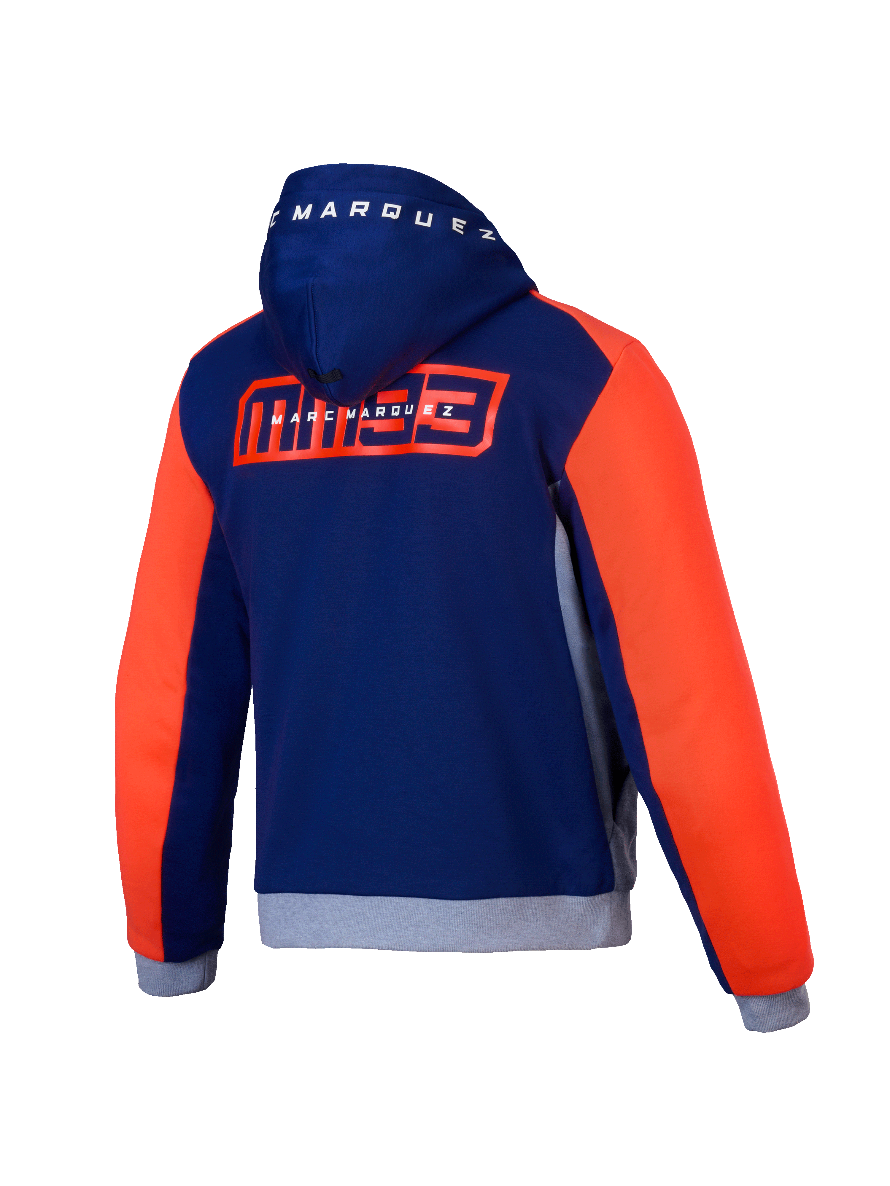 Alpinestars Felpa MM93 Chrome V2 Sport, felpa da moto da uomo, vista posteriore, blu, grigia e rosso fluo, con grafica Marc Marquez e certificazione CE