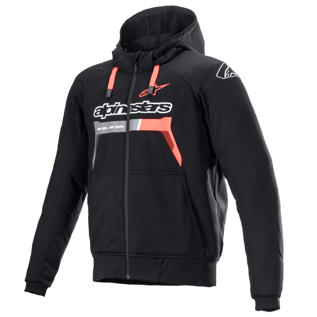 Alpinestars Chrome Ignition Hoodie, nero e rosso fluo, felpa da moto protettiva con zip, logo bianco sul petto, cordini rossi e polsini a coste, abbigliamento per guida urbana