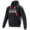 Alpinestars Chrome Ignition Hoodie, nero e rosso fluo, felpa da moto protettiva con zip, logo bianco sul petto, cordini rossi e polsini a coste, abbigliamento per guida urbana