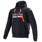Alpinestars Chrome Ignition Hoodie, nero e rosso fluo, felpa da moto protettiva con zip, logo bianco sul petto, cordini rossi e polsini a coste, abbigliamento per guida urbana