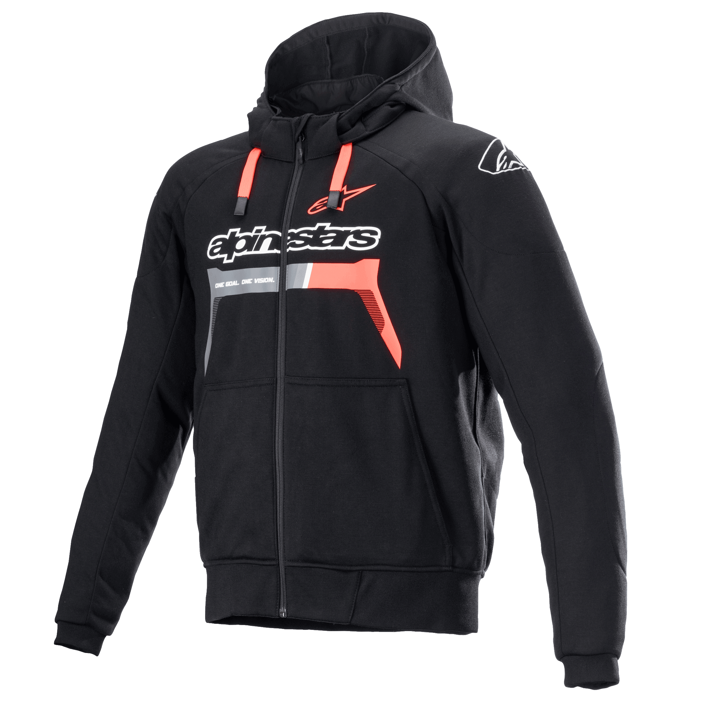 Alpinestars Chrome Ignition Hoodie, nero e rosso fluo, felpa da moto protettiva con zip, logo bianco sul petto, cordini rossi e polsini a coste, abbigliamento per guida urbana