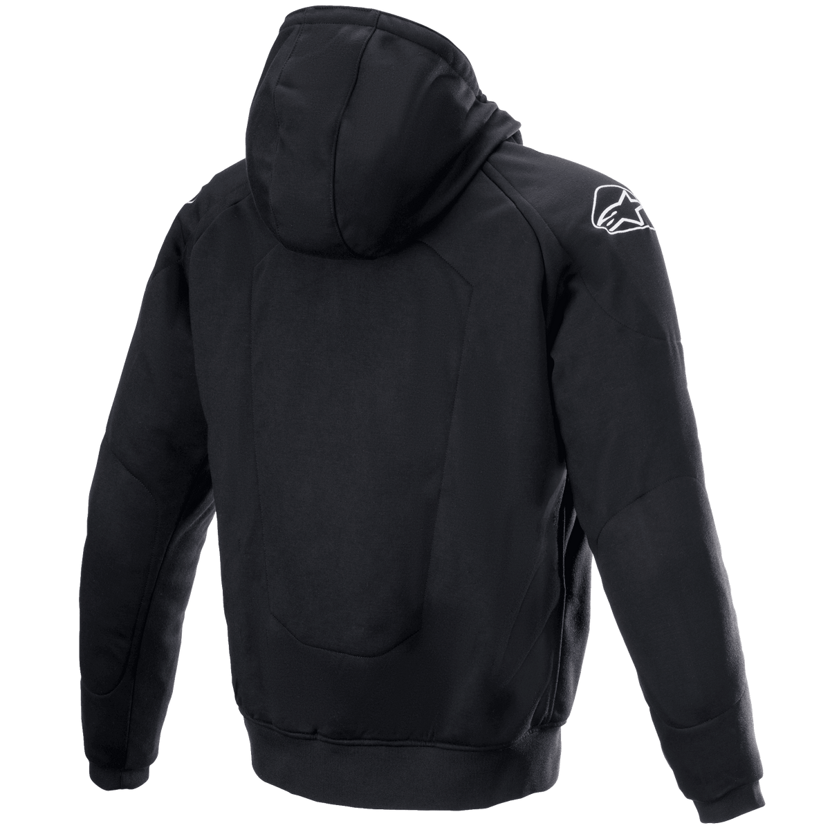 Alpinestars Chrome Ignition Hoodie, felpa da moto, nero, vista posteriore con logo Alpinestars bianco sulla spalla destra, design urbano casual con polsini e orlo a costine, abbigliamento tessile protettivo per la guida urbana