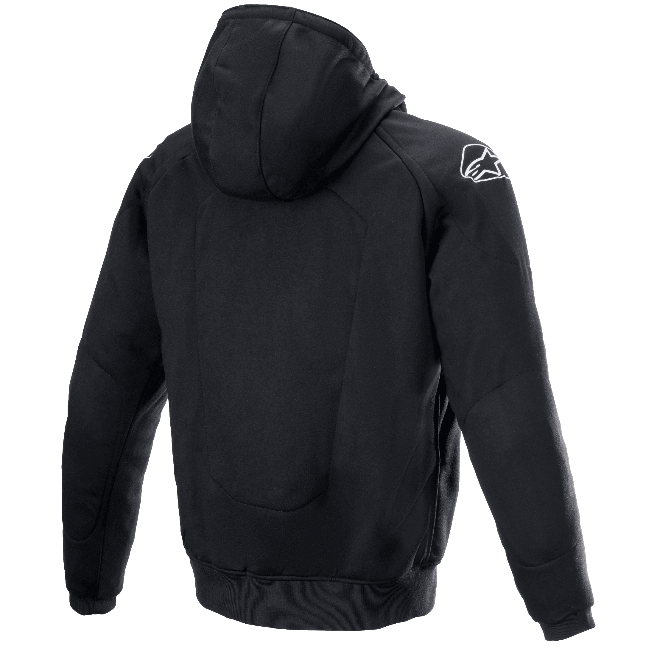 Alpinestars Chrome Ignition Hoodie, felpa da moto, nero, vista posteriore con logo Alpinestars bianco sulla spalla destra, design urbano casual con polsini e orlo a costine, abbigliamento tessile protettivo per la guida urbana