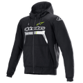 Alpinestars Chrome Ignition Hoodie, felpa da moto nera con zip, loghi bianchi e giallo fluo, cerniera frontale, cappuccio regolabile, due tasche frontali, abbigliamento per guida urbana