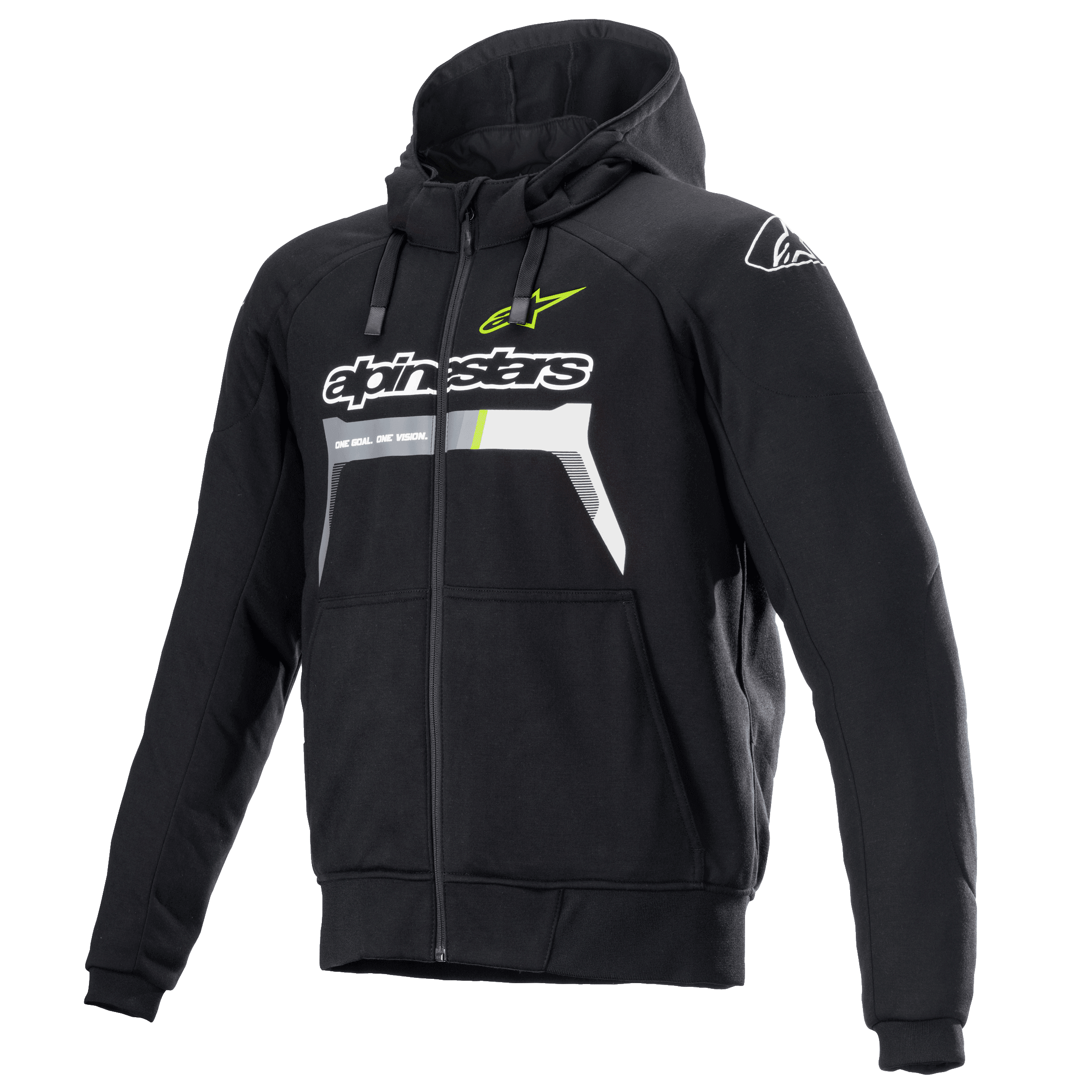 Alpinestars Chrome Ignition Hoodie, felpa da moto nera con zip, loghi bianchi e giallo fluo, cerniera frontale, cappuccio regolabile, due tasche frontali, abbigliamento per guida urbana