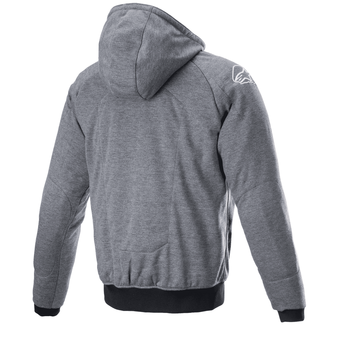 Felpa con cappuccio Alpinestars Chrome Ignition, grigio scuro melange, vista posteriore con cappuccio e tessuto testurizzato, logo bianco sulla spalla destra, polsini e vita a costine neri, abbigliamento casual da moto urbano