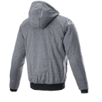 Felpa con cappuccio Alpinestars Chrome Ignition, grigio scuro melange, vista posteriore con cappuccio e tessuto testurizzato, logo bianco sulla spalla destra, polsini e vita a costine neri, abbigliamento casual da moto urbano