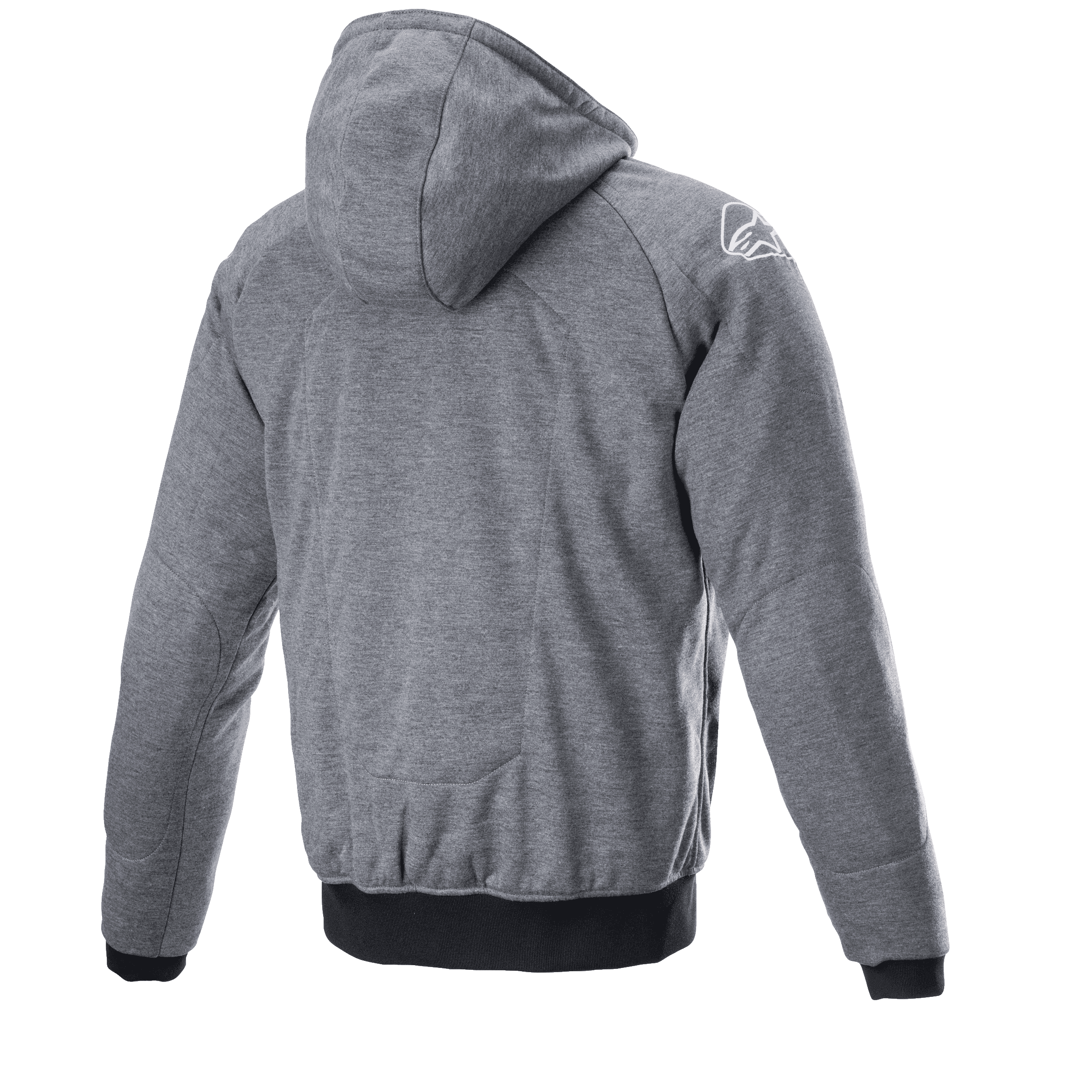 Felpa con cappuccio Alpinestars Chrome Ignition, grigio scuro melange, vista posteriore con cappuccio e tessuto testurizzato, logo bianco sulla spalla destra, polsini e vita a costine neri, abbigliamento casual da moto urbano