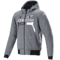 Alpinestars Chrome Ignition Hoodie, felpa da moto con cappuccio e zip, grigio scuro melange e bianco, logo e scritta Alpinestars bianchi sul petto con dettagli arancioni, polsini e vita a costine neri, abbigliamento da guida urbana casual