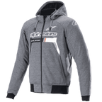 Alpinestars Chrome Ignition Hoodie, felpa da moto con cappuccio e zip, grigio scuro melange e bianco, logo e scritta Alpinestars bianchi sul petto con dettagli arancioni, polsini e vita a costine neri, abbigliamento da guida urbana casual