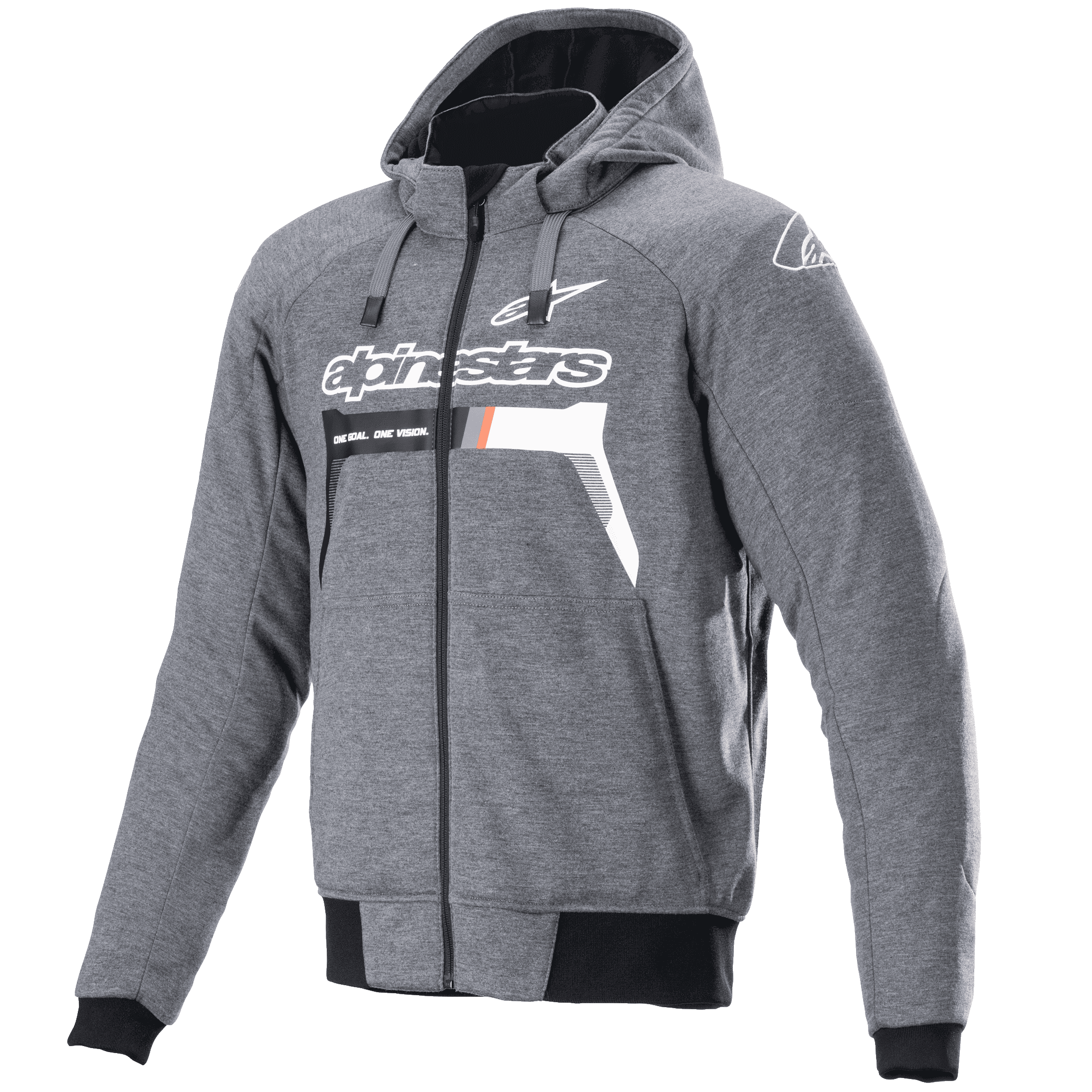 Alpinestars Chrome Ignition Hoodie, felpa da moto con cappuccio e zip, grigio scuro melange e bianco, logo e scritta Alpinestars bianchi sul petto con dettagli arancioni, polsini e vita a costine neri, abbigliamento da guida urbana casual