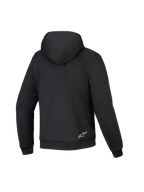 Alpinestars Honda Chrome V3 Sport Hoodie, nero, vista posteriore della felpa con cappuccio da moto, costruzione in pile tecnico, cappuccio con connessione a scatto, polsini e orlo a costine e piccolo logo Alpinestars bianco sulla parte inferiore della schiena