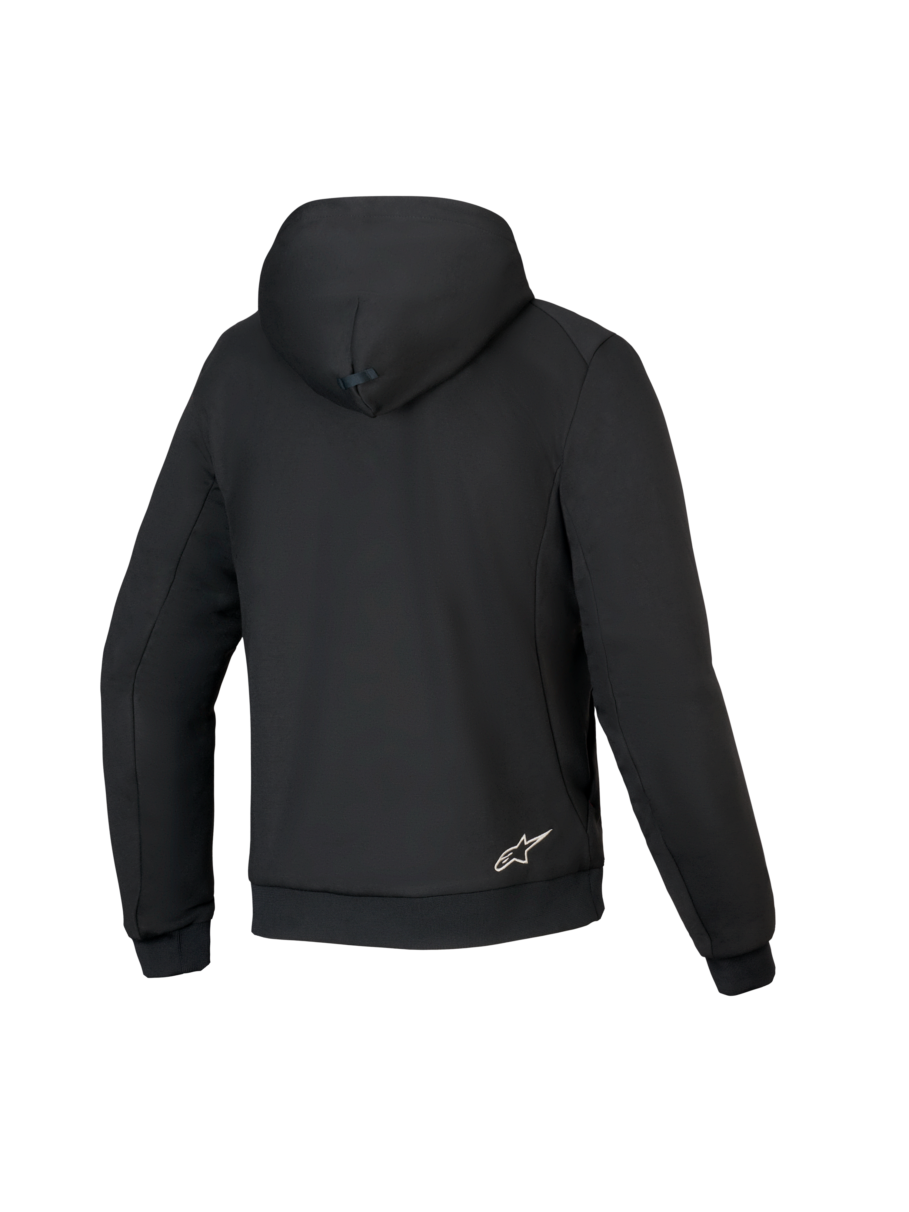 Alpinestars Honda Chrome V3 Sport Hoodie, nero, vista posteriore della felpa con cappuccio da moto, costruzione in pile tecnico, cappuccio con connessione a scatto, polsini e orlo a costine e piccolo logo Alpinestars bianco sulla parte inferiore della schiena