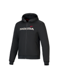 Honda Chrome V3 Sport Hoodie, felpa con cappuccio nera con cerniera frontale, logo HONDA bianco e stella Alpinestars rossa sul petto, maniche lunghe con polsini a costine, interno del cappuccio rosso, abbigliamento da moto urbano