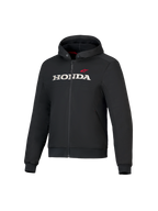 Honda Chrome V3 Sport Hoodie, felpa con cappuccio nera con cerniera frontale, logo HONDA bianco e stella Alpinestars rossa sul petto, maniche lunghe con polsini a costine, interno del cappuccio rosso, abbigliamento da moto urbano