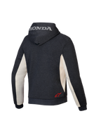Alpinestars Honda Chrome V3 Sport Hoodie, felpa con cappuccio da moto urbana, Grigio Antracite Melange e Off White, vista posteriore con logo Honda argento sul cappuccio e logo Alpinestars rosso sulla parte bassa della schiena, costruzione in pile tecnico