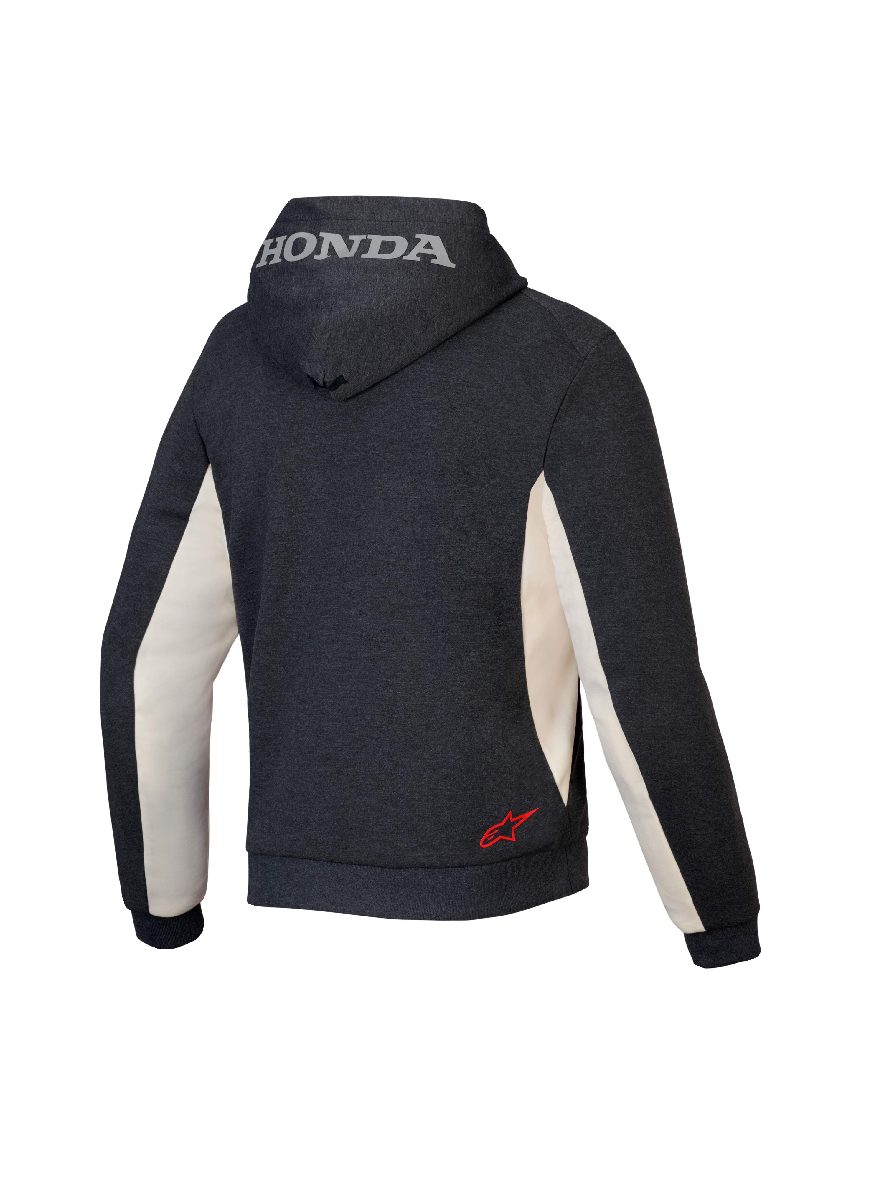 Alpinestars Honda Chrome V3 Sport Hoodie, felpa con cappuccio da moto urbana, Grigio Antracite Melange e Off White, vista posteriore con logo Honda argento sul cappuccio e logo Alpinestars rosso sulla parte bassa della schiena, costruzione in pile tecnico