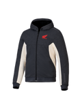 Alpinestars Honda Chrome V3 Sport Hoodie, antracite melange e bianco panna, logo Honda Wing rosso sul petto, pile tecnico con zip integrale, cappuccio con bottoni a pressione e polsini a costine, abbigliamento casual per guida urbana in moto