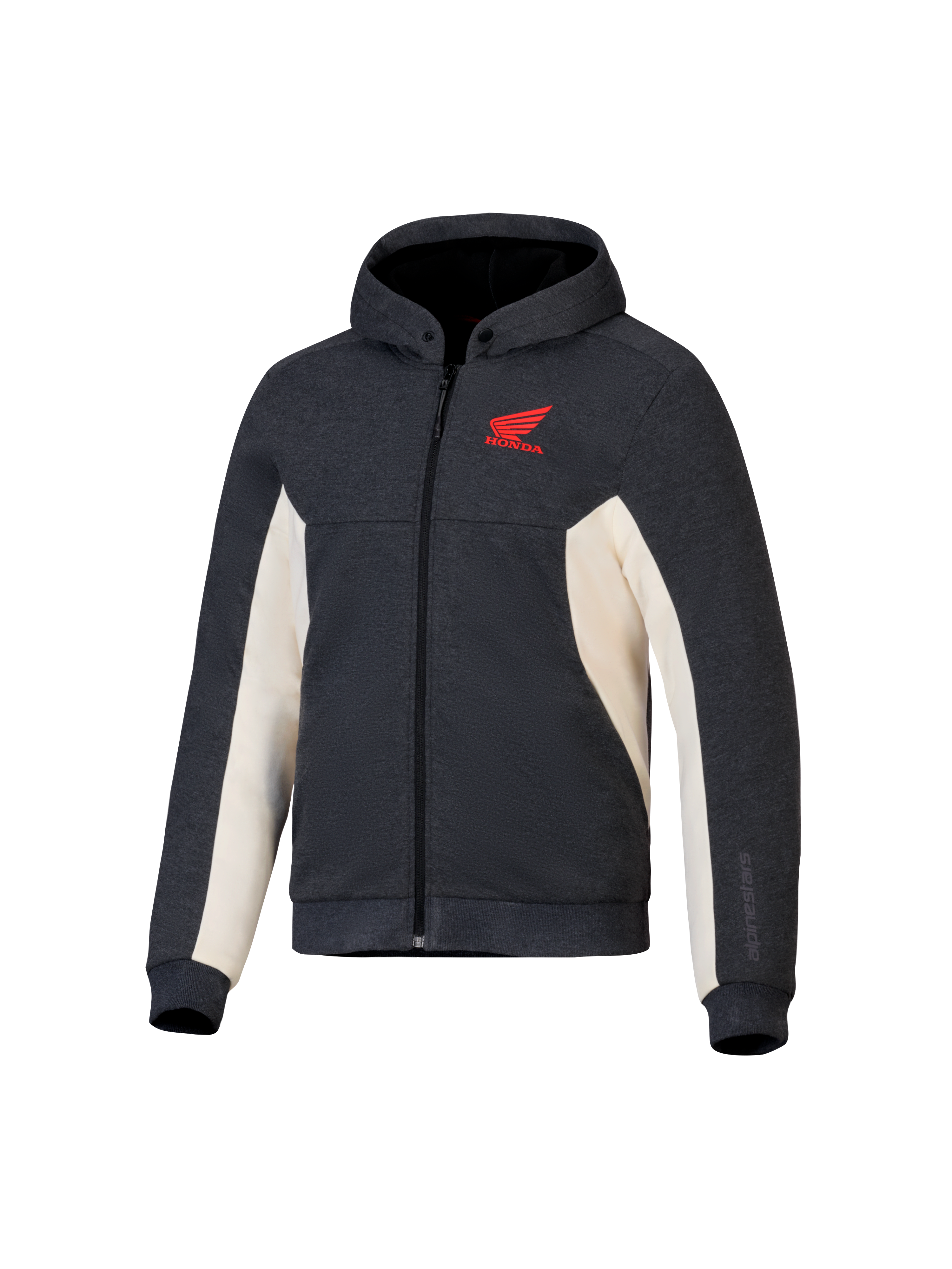 Alpinestars Honda Chrome V3 Sport Hoodie, antracite melange e bianco panna, logo Honda Wing rosso sul petto, pile tecnico con zip integrale, cappuccio con bottoni a pressione e polsini a costine, abbigliamento casual per guida urbana in moto
