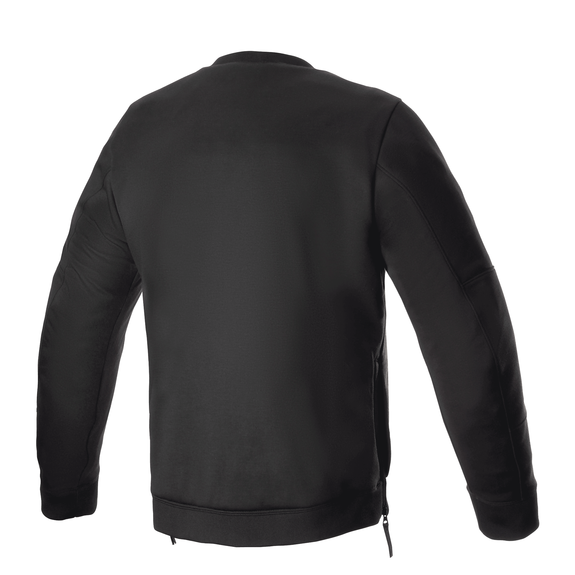 Alpinestars Legit Crew Fleece, nero, vista posteriore di pullover da moto urbano, girocollo con polsini e orlo a costine, cerniere laterali per l'accesso, abbigliamento protettivo casual per motociclisti