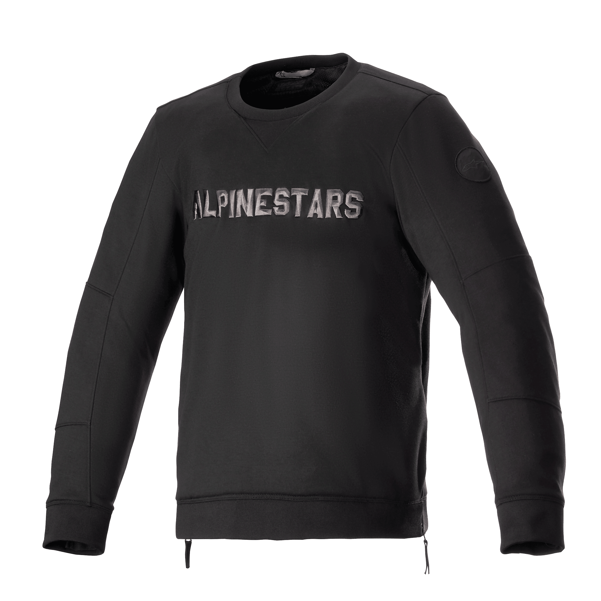 Alpinestars Legit Crew Fleece, giacca da moto urbana, nero e grigio freddo, pullover a girocollo con logo metallizzato sul petto, cerniere laterali, polsini e orlo a coste, abbigliamento casual da moto