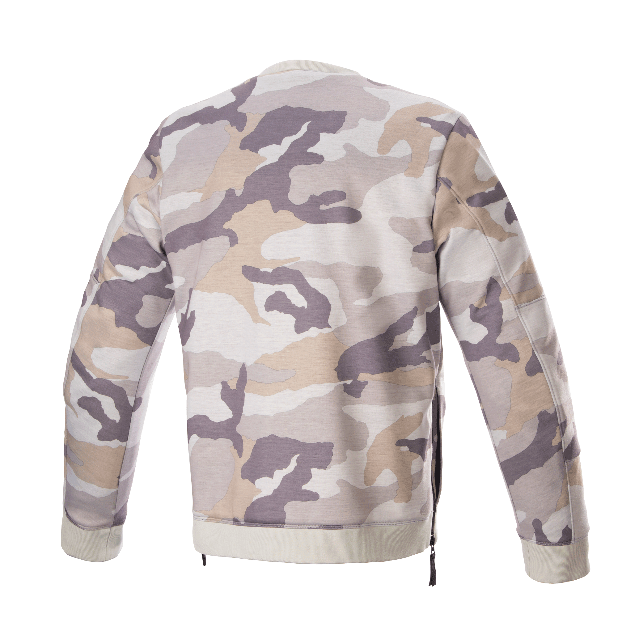 Alpinestars Legit Crew Fleece, pullover da moto, Light Gray Camo, vista posteriore, motivo mimetico in tonalità di grigio e beige, colletto e bordo a coste, cerniere laterali, abbigliamento da moto urban casual