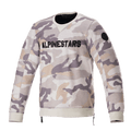 Alpinestars Legit Crew Fleece, pullover da moto, mimetico grigio chiaro, vistoso logo ALPINESTARS nero sul petto, patch circolare nera sulla manica, polsini e orlo a coste, abbigliamento casual per guida urbana